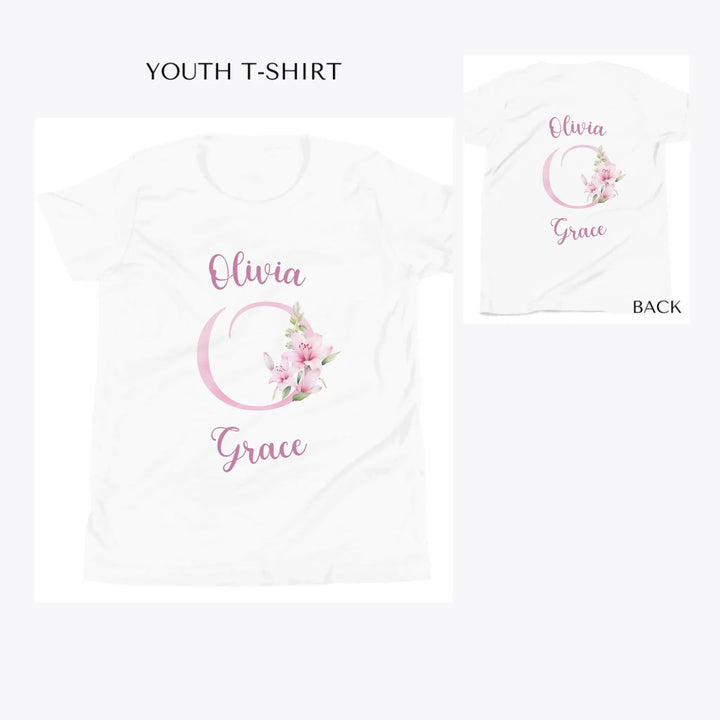 Pink-Lily-Initial-custom-youth-t-shirt-artfulane