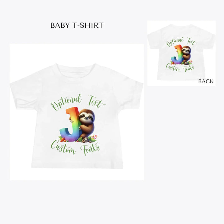 Rainbow-Letter-Initial-with-Sloth-custom-baby-t-shirt-artfulane