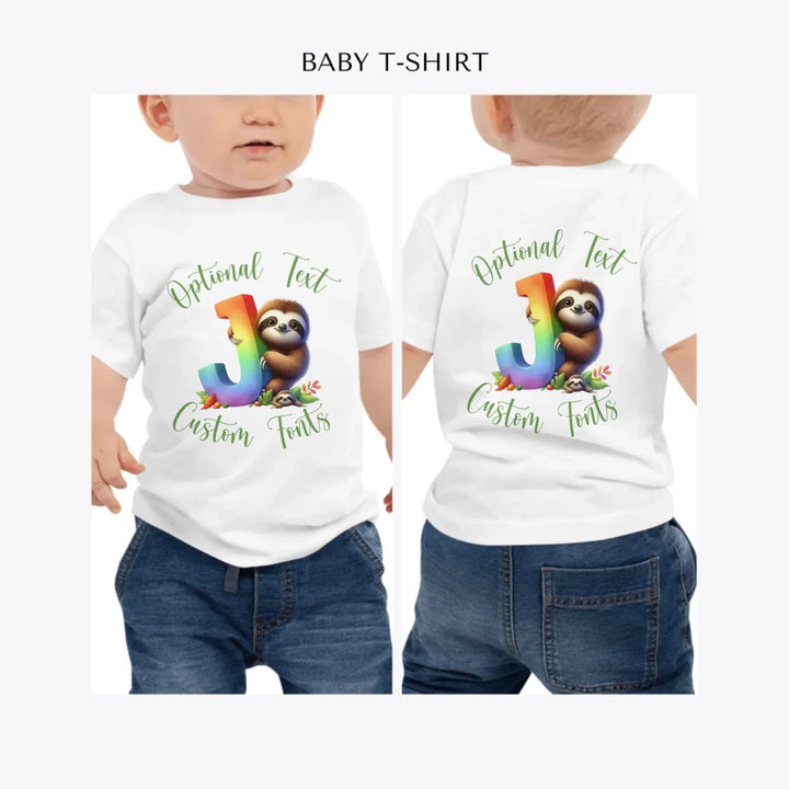 Rainbow-Letter-Initial-with-Sloth-personalized-baby-t-shirt-artfulane