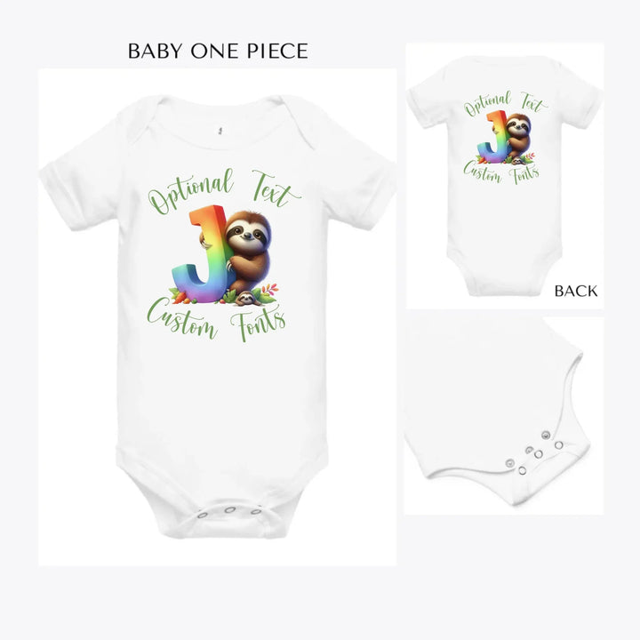 Rainbow-Letter-Initial-with-Sloth-custom-baby-onesie-artfulane