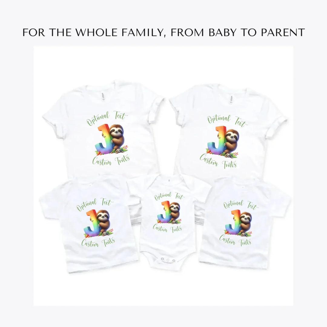 Rainbow-Letter-Initial-with-Sloth-custom-t-shirts-adult-youth-toddler-baby-sizes-artfulane