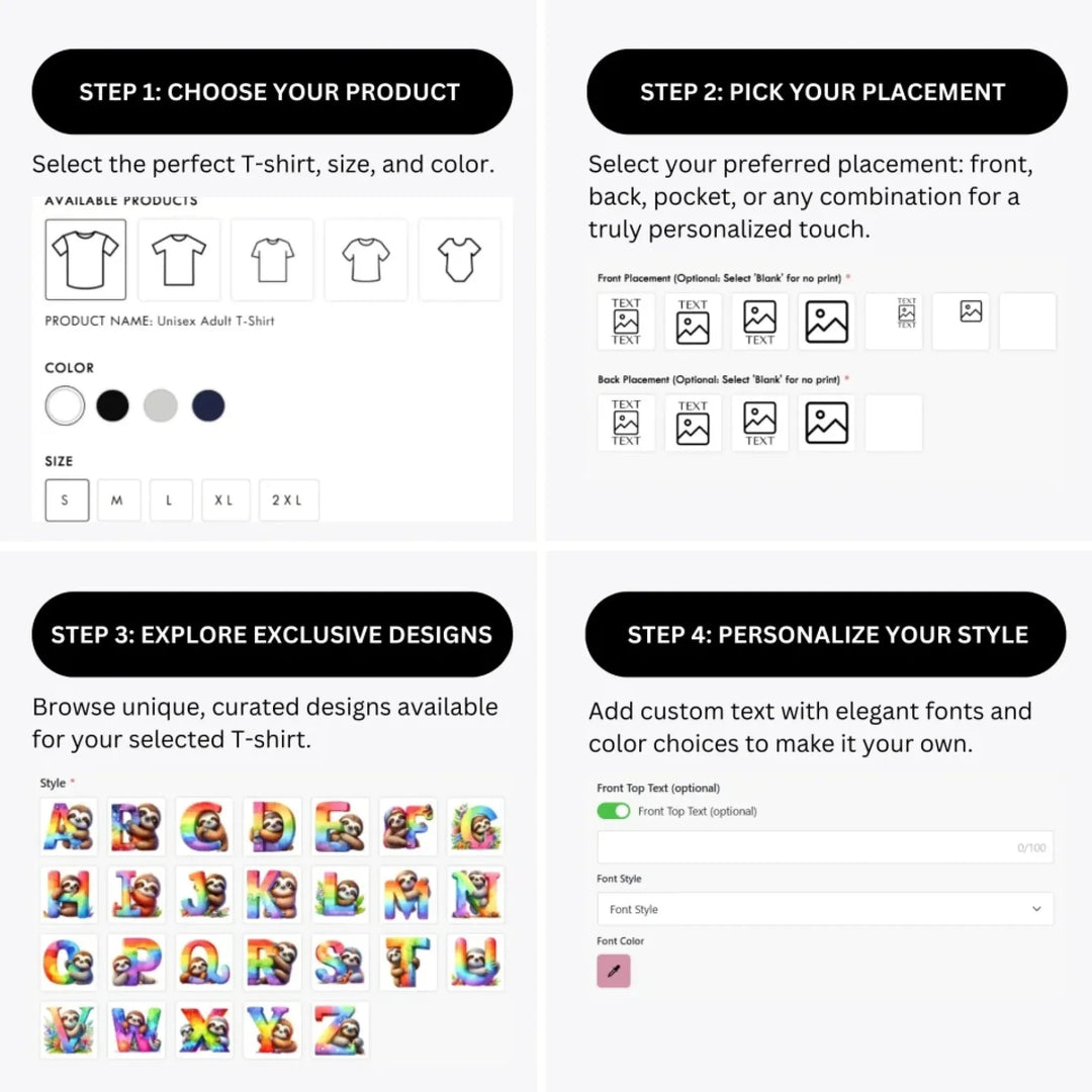 how-to-design-custom-Rainbow-Letter-Initial-with-Sloth-t-shirt-personalization-options-artfulane