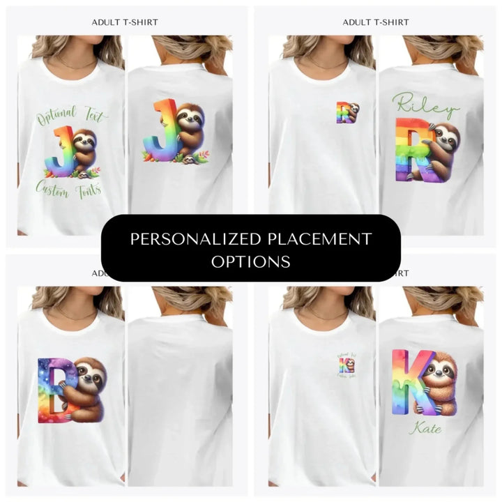 Rainbow-Letter-Initial-with-Sloth-custom-adult-t-shirt-design-placement-front-back-pocket-artfulane