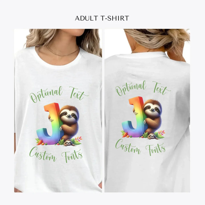 Rainbow-Letter-Initial-with-Sloth-personalized-women-unisex-adult-t-shirt-artfulane