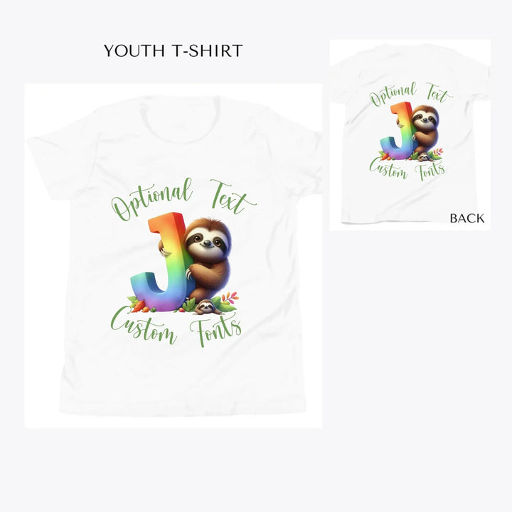 Rainbow-Letter-Initial-with-Sloth-custom-youth-t-shirt-artfulane