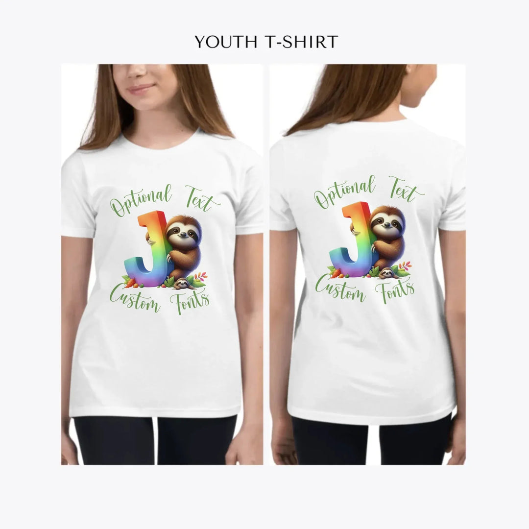 Rainbow-Letter-Initial-with-Sloth-custom-youth-girl-t-shirt-artfulane