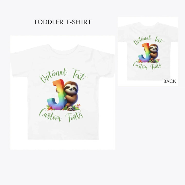 Rainbow-Letter-Initial-with-Sloth-toddler-custom-t-shirt-artfulane
