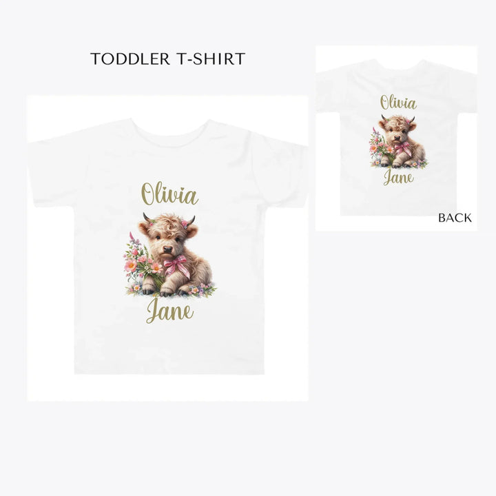Spring-Floral-Highland-Cow-toddler-custom-t-shirt-artfulane