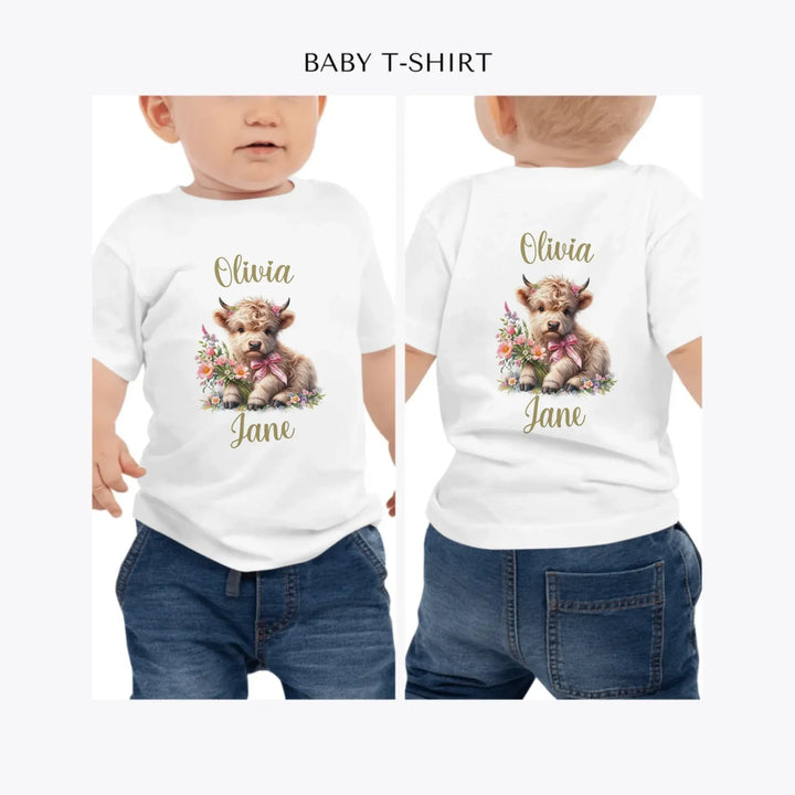 Spring-Floral-Highland-Cow-personalized-baby-t-shirt-artfulane
