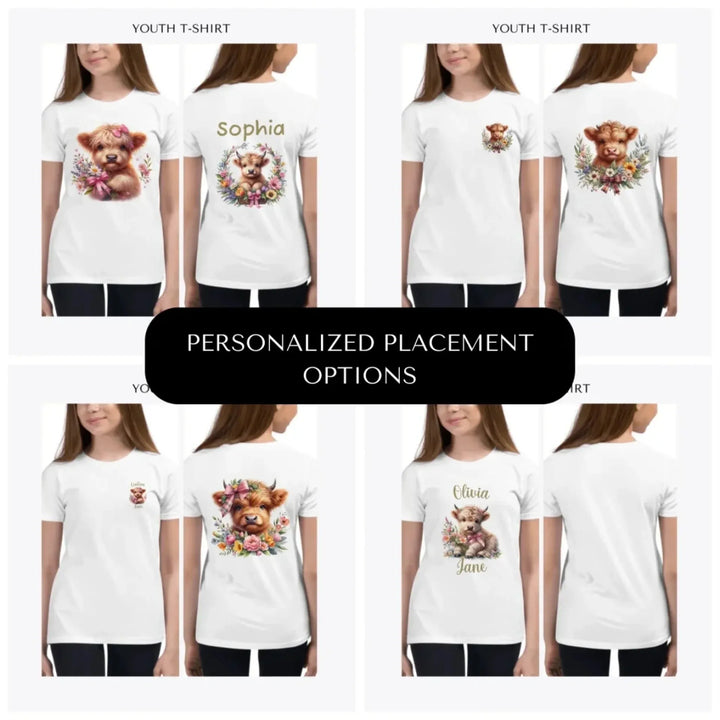 Spring-Floral-Highland-Cow-custom-youth-t-shirt-design-placement-front-back-pocket-artfulane