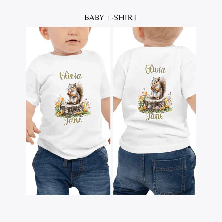 Spring-Squirrel-Garden-personalized-baby-t-shirt-artfulane