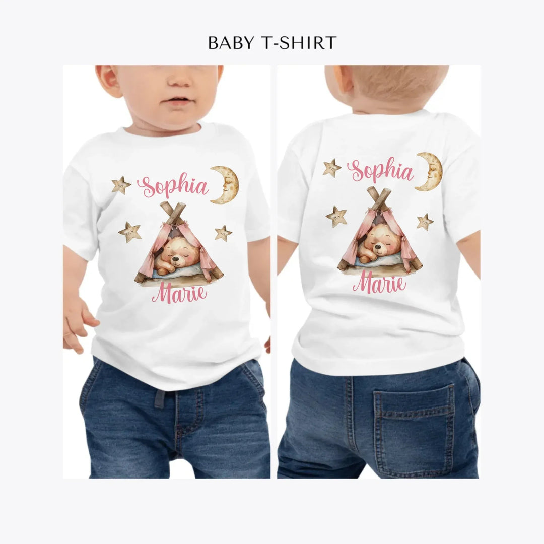 Teddy-Bear-Sleeping-in-Tent-personalized-baby-t-shirt-artfulane