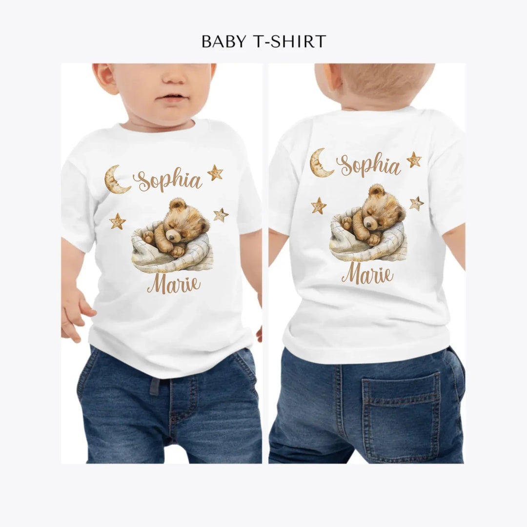 Brown-Teddy-Bear-Sleeping-on-Blanket-personalized-baby-t-shirt-artfulane