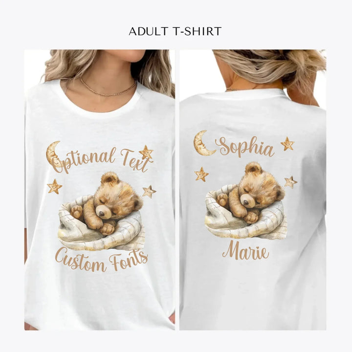 Brown-Teddy-Bear-Sleeping-on-Blanket-personalized-women-unisex-adult-t-shirt-artfulane