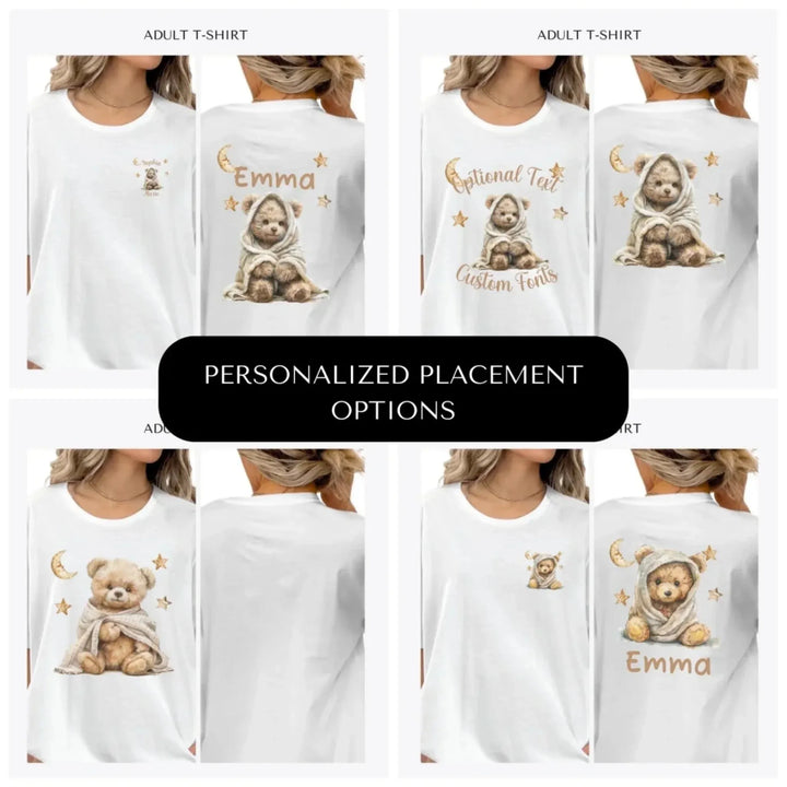 Teddy-Bear-Wrapped-in-Blanket-custom-adult-t-shirt-design-placement-front-back-pocket-artfulane