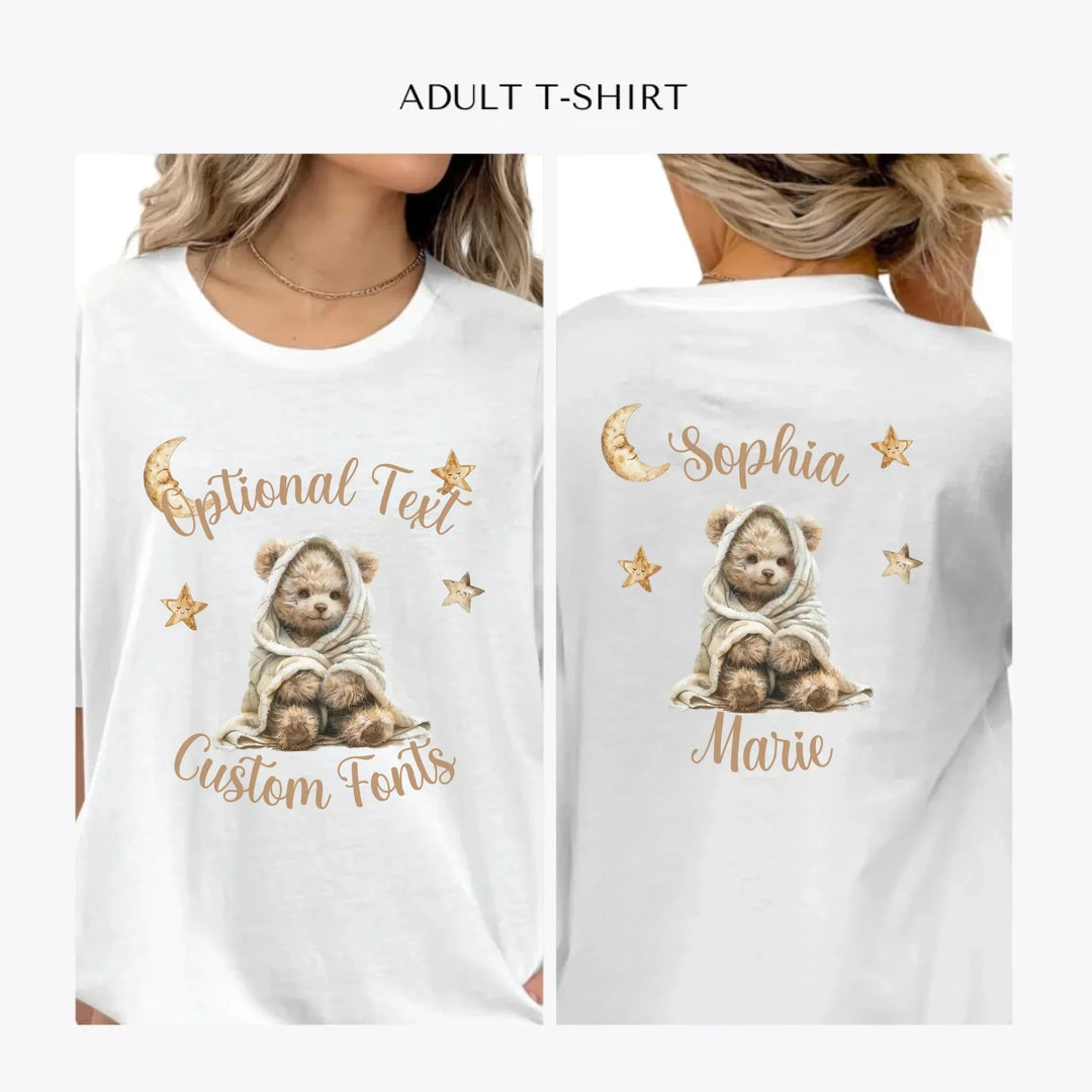 Teddy-Bear-Wrapped-in-Blanket-personalized-women-unisex-adult-t-shirt-artfulane