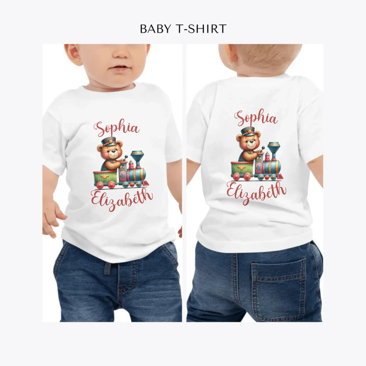 Vintage-Teddy-Bear-Driving-a-Train-personalized-baby-t-shirt-artfulane