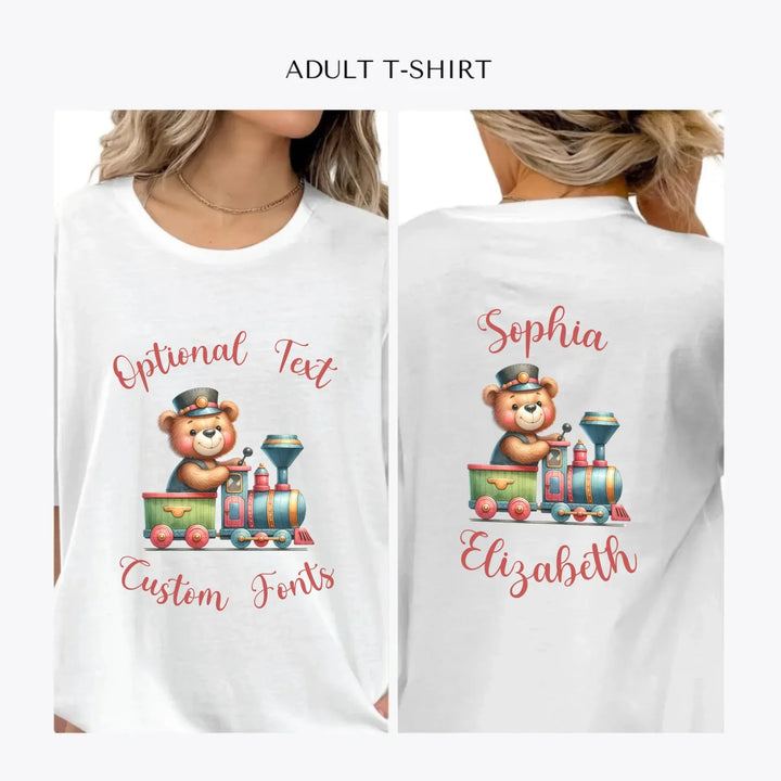 Vintage-Teddy-Bear-Driving-a-Train-personalized-women-unisex-adult-t-shirt-artfulane