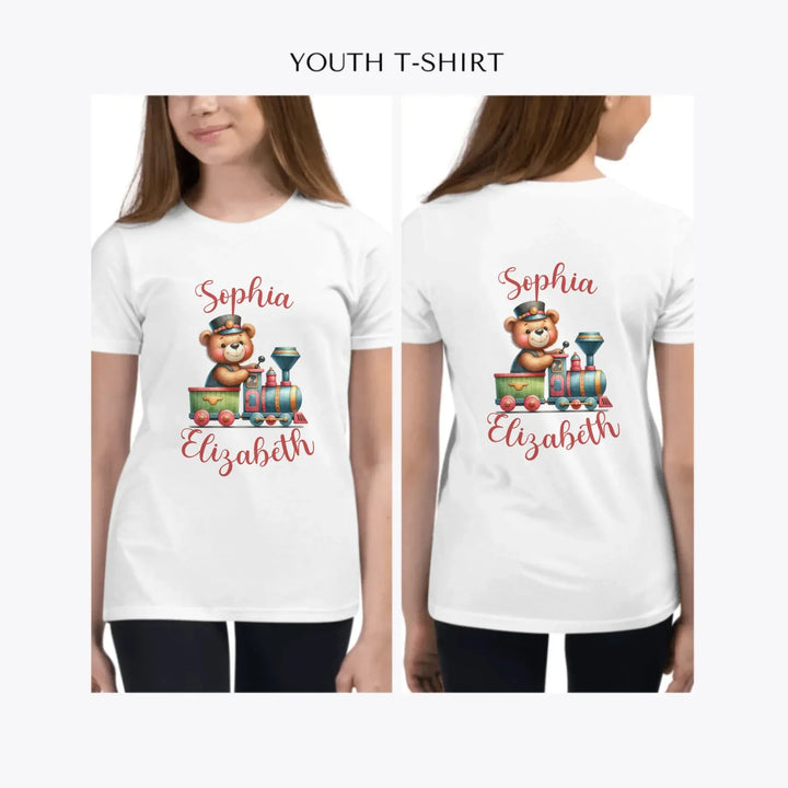 Vintage-Teddy-Bear-Driving-a-Train-custom-youth-girl-t-shirt-artfulane
