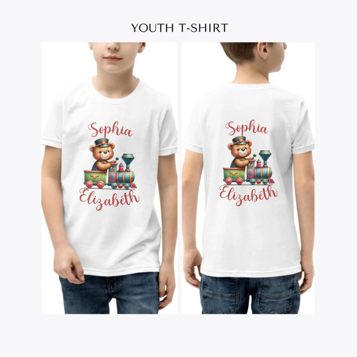 Vintage-Teddy-Bear-Driving-a-Train-custom-youth-boy-t-shirt-artfulane