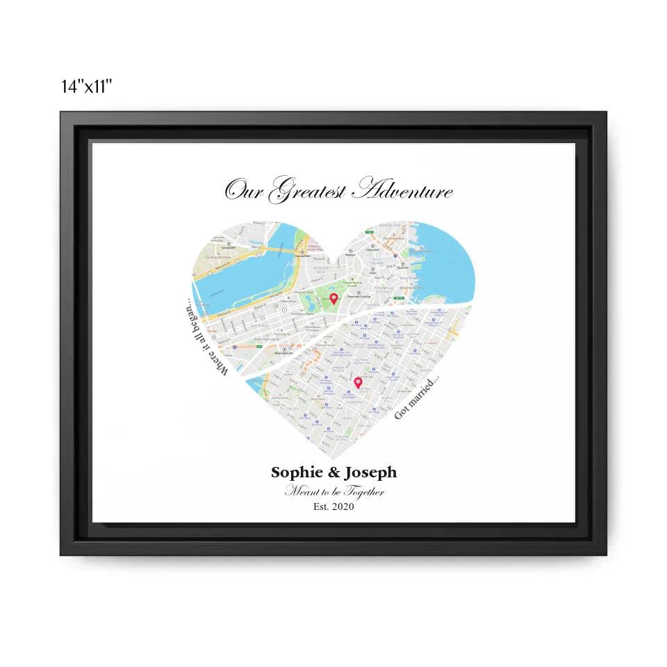 Custom Wall Art - Heart Shaped Dual Location Map - ARTFULANE