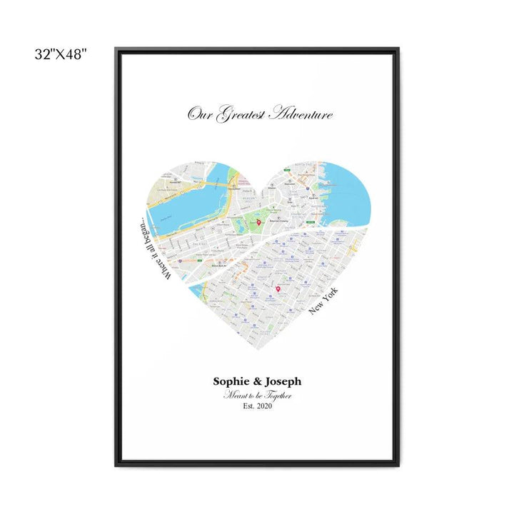 Custom Wall Art - Heart Shaped Dual Location Map - ARTFULANE