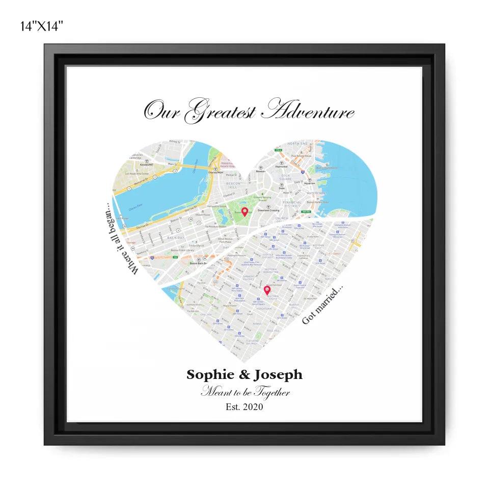 Custom Wall Art - Heart Shaped Dual Location Map - ARTFULANE