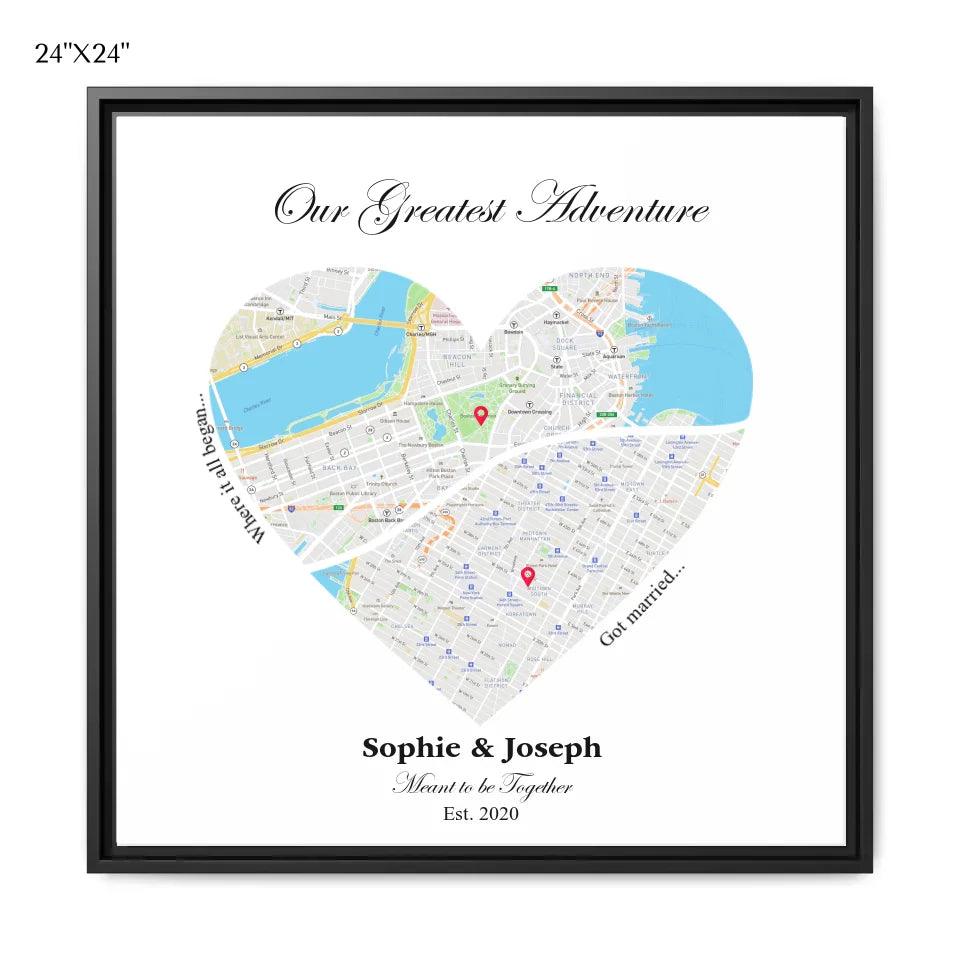 Custom Wall Art - Heart Shaped Dual Location Map - ARTFULANE
