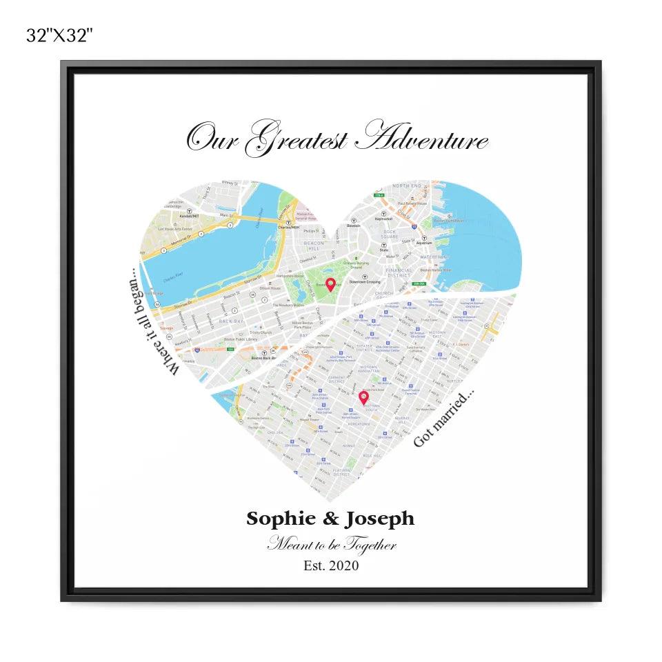 Custom Wall Art - Heart Shaped Dual Location Map - ARTFULANE