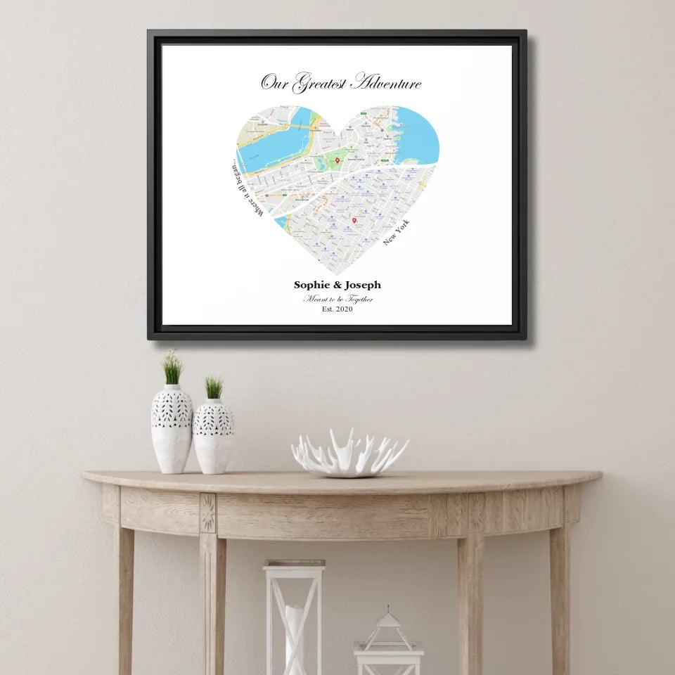 Custom Wall Art - Heart Shaped Dual Location Map - ARTFULANE