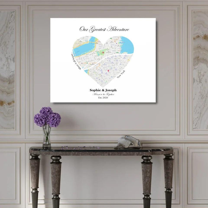 Custom Wall Art - Heart Shaped Dual Location Map - ARTFULANE
