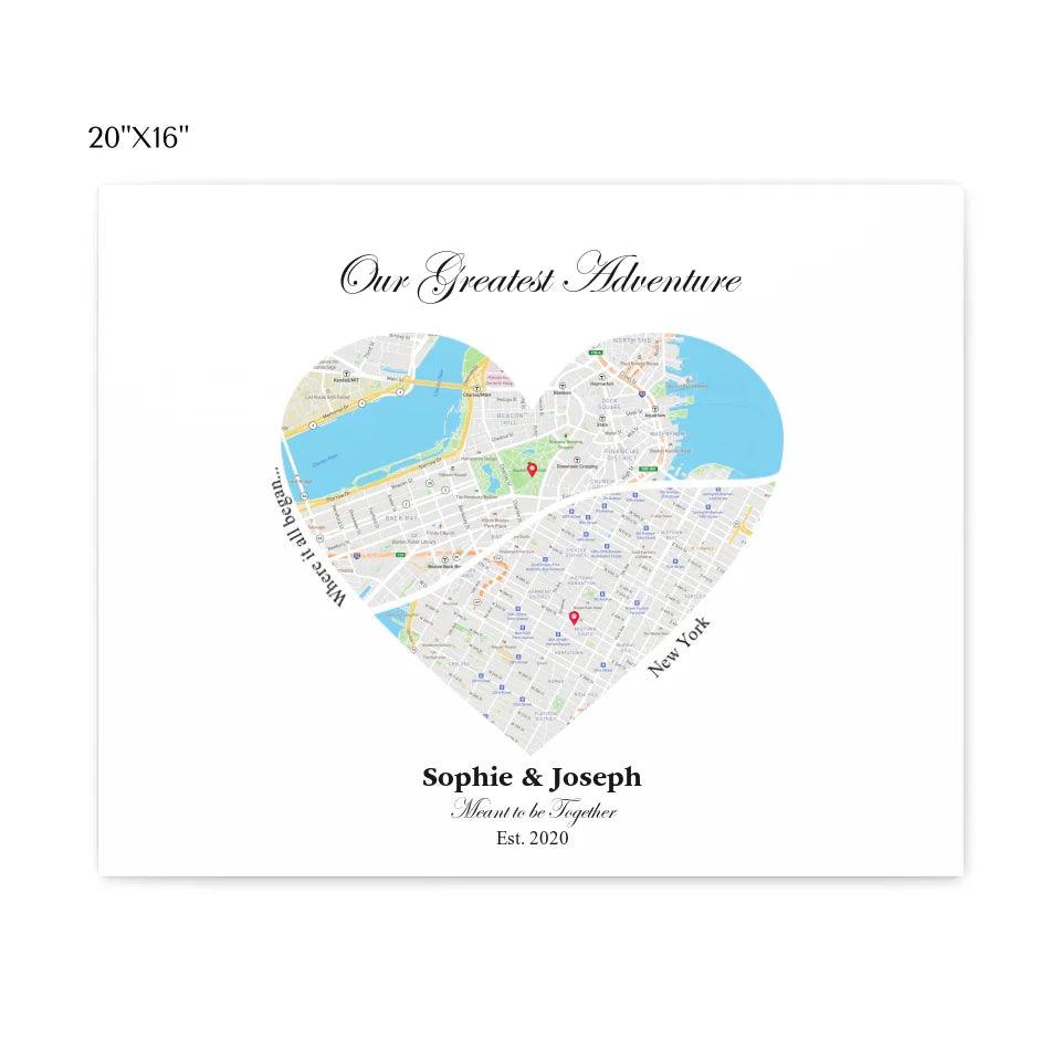 Custom Wall Art - Heart Shaped Dual Location Map - ARTFULANE