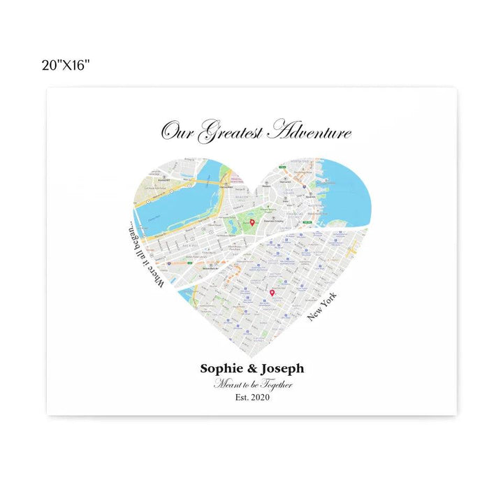 Custom Wall Art - Heart Shaped Dual Location Map - ARTFULANE