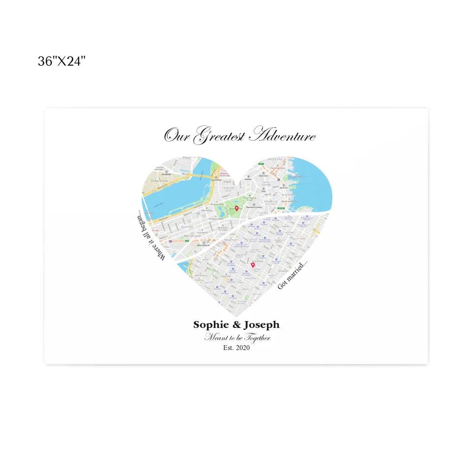 Custom Wall Art - Heart Shaped Dual Location Map - ARTFULANE