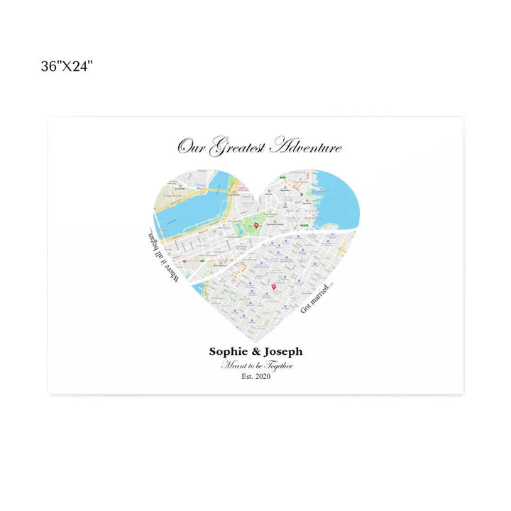 Custom Wall Art - Heart Shaped Dual Location Map - ARTFULANE