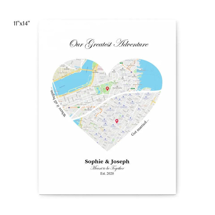 Custom Wall Art - Heart Shaped Dual Location Map - ARTFULANE