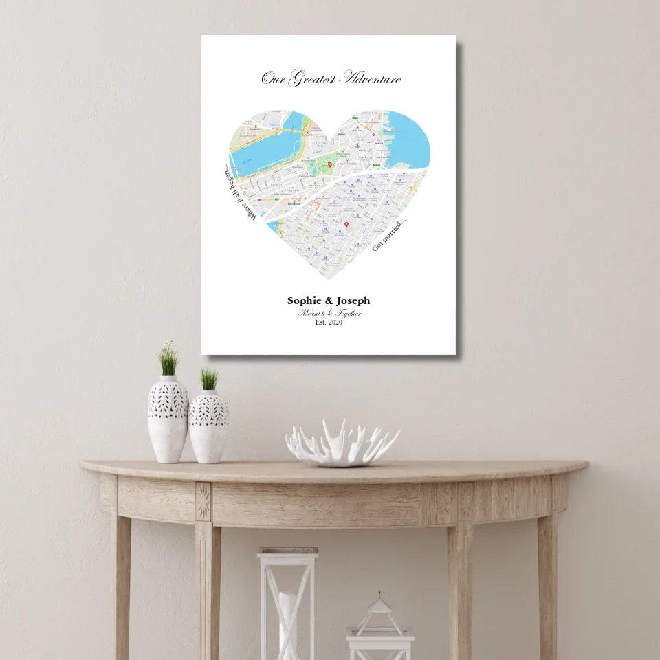 Custom Wall Art - Heart Shaped Dual Location Map - ARTFULANE