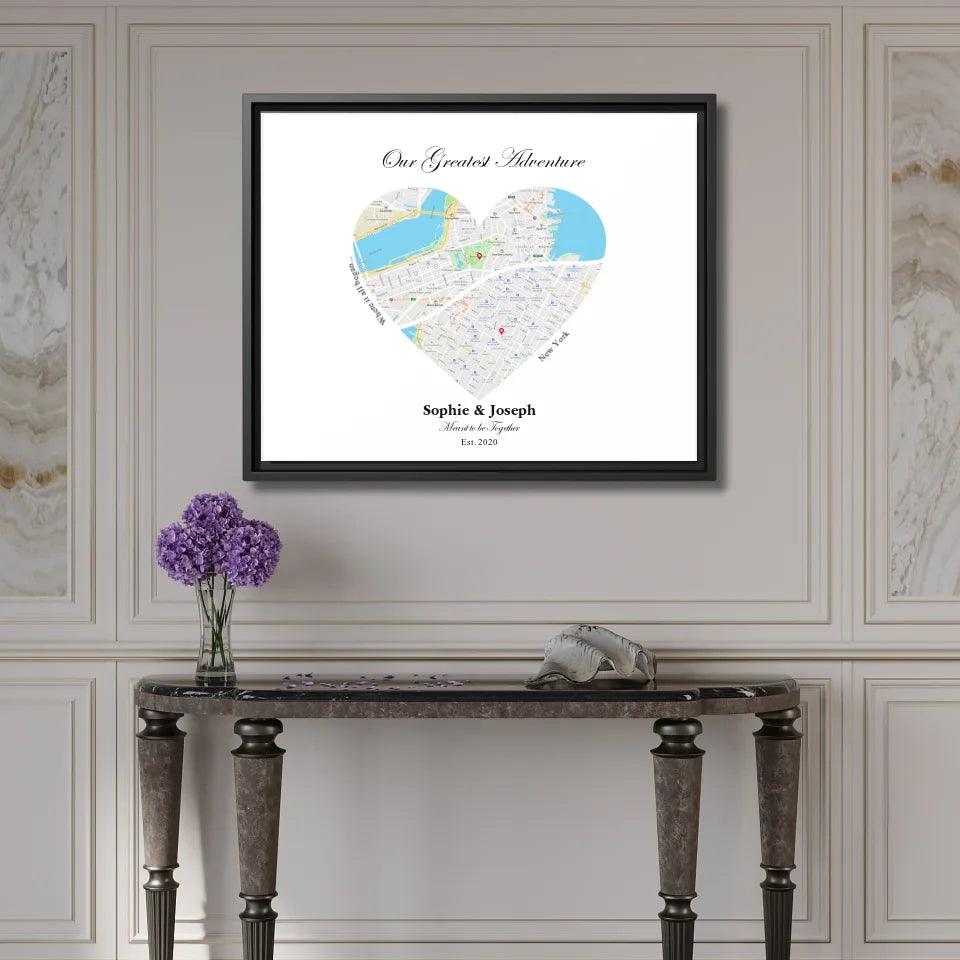 Custom Wall Art - Heart Shaped Dual Location Map - ARTFULANE