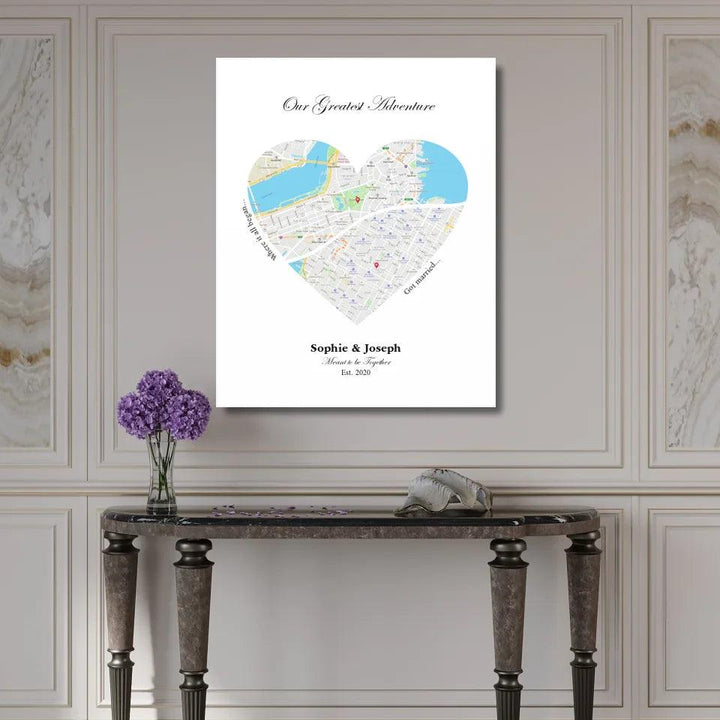 Custom Wall Art - Heart Shaped Dual Location Map - ARTFULANE