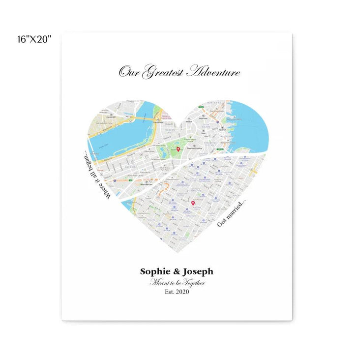 Custom Wall Art - Heart Shaped Dual Location Map - ARTFULANE