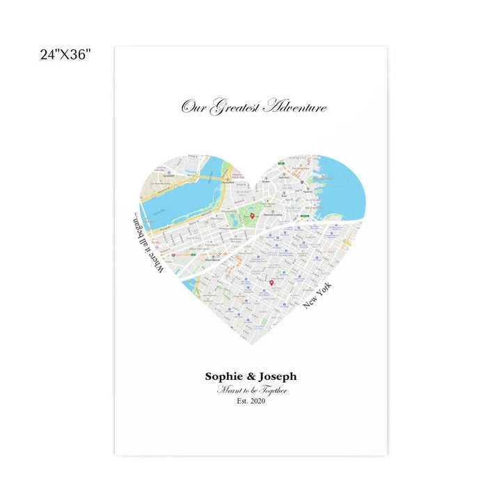 Custom Wall Art - Heart Shaped Dual Location Map - ARTFULANE