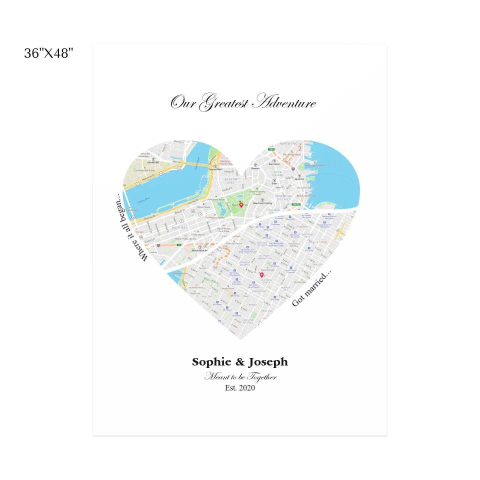 Custom Wall Art - Heart Shaped Dual Location Map - ARTFULANE