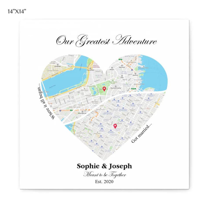 Custom Wall Art - Heart Shaped Dual Location Map - ARTFULANE