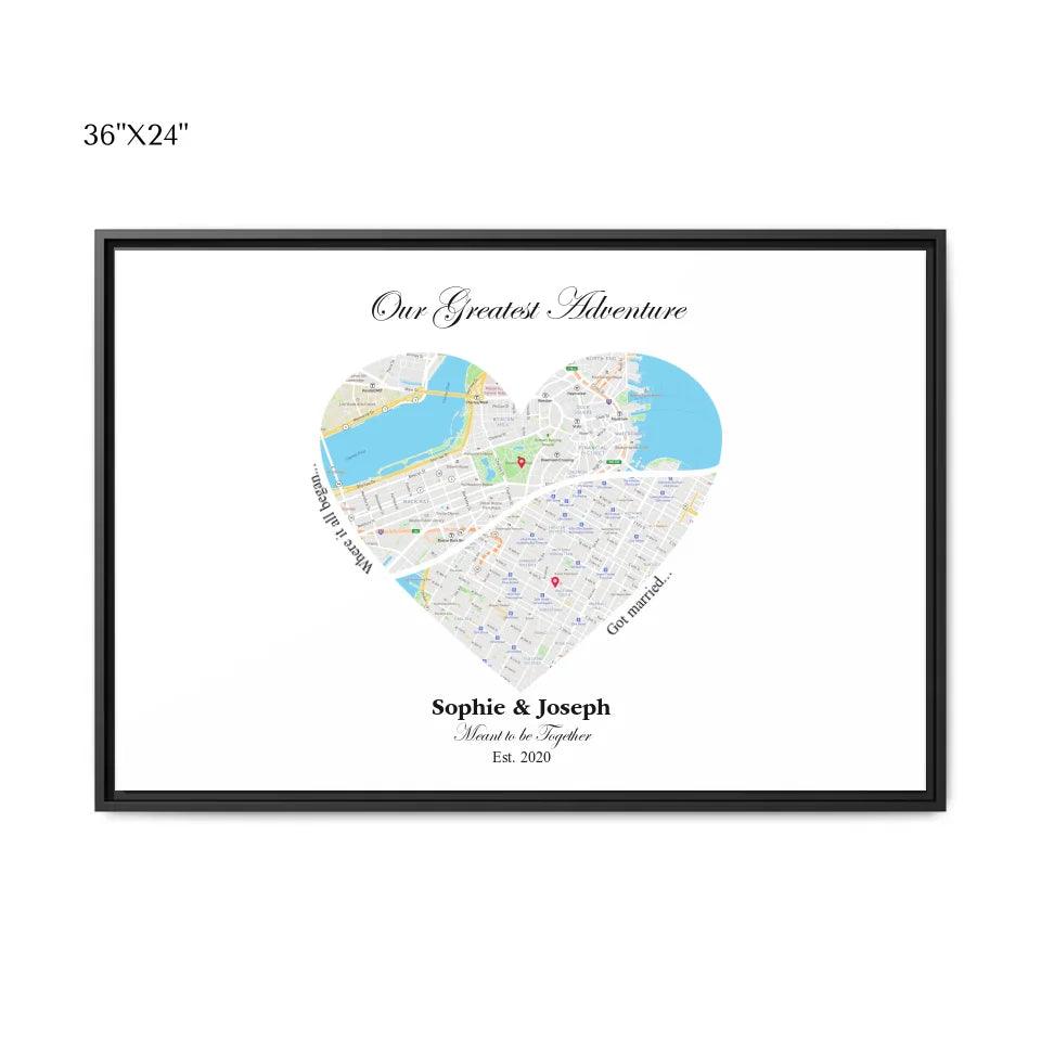 Custom Wall Art - Heart Shaped Dual Location Map - ARTFULANE