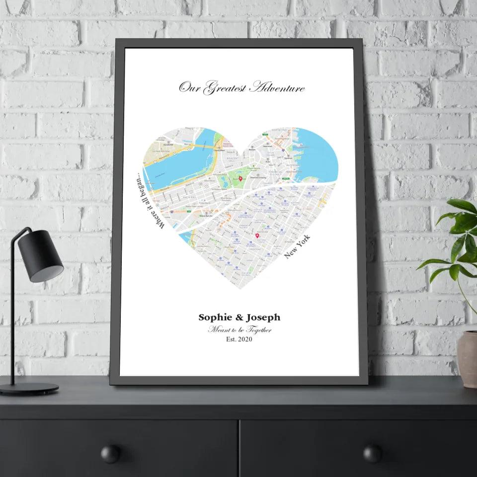 Custom Wall Art - Heart Shaped Dual Location Map - ARTFULANE