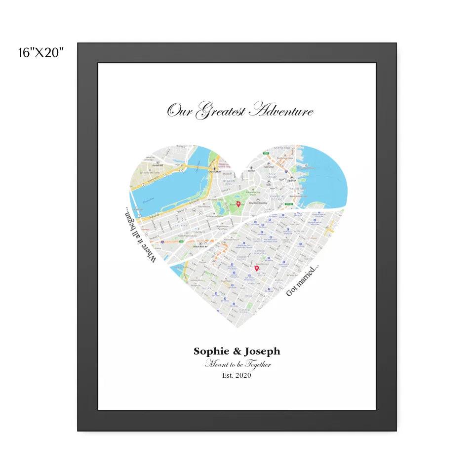 Custom Wall Art - Heart Shaped Dual Location Map - ARTFULANE