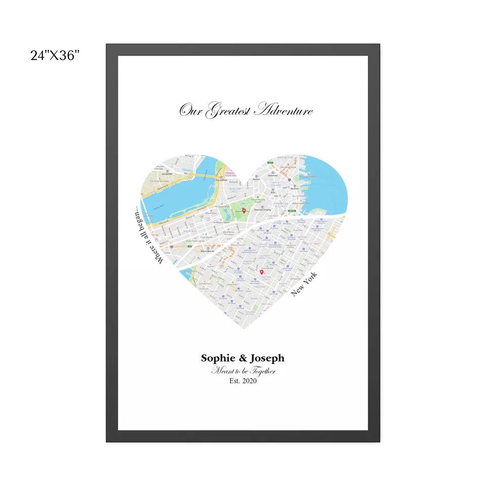 Custom Wall Art - Heart Shaped Dual Location Map - ARTFULANE