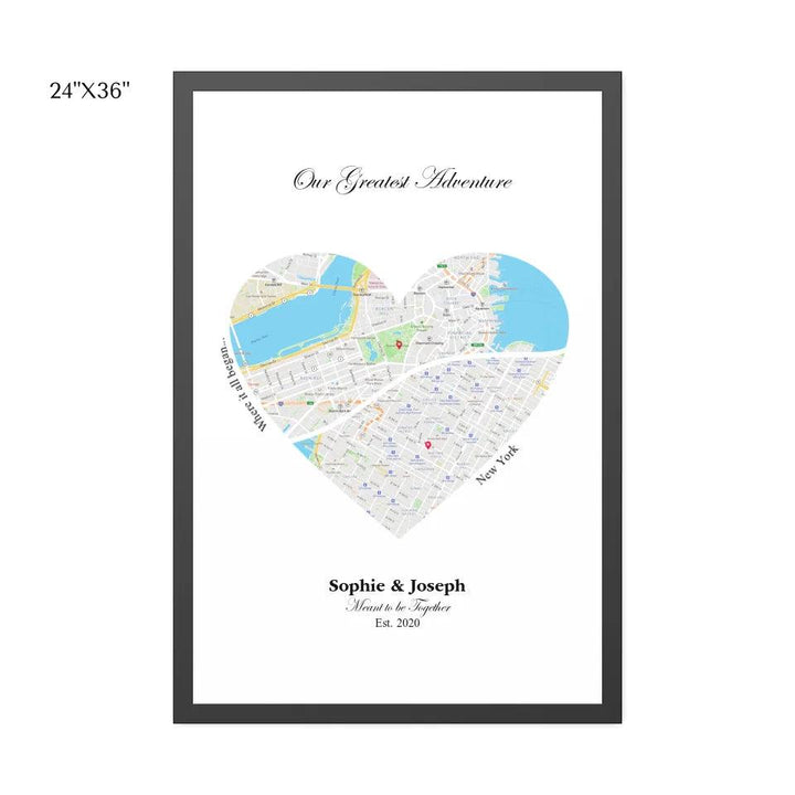 Custom Wall Art - Heart Shaped Dual Location Map - ARTFULANE