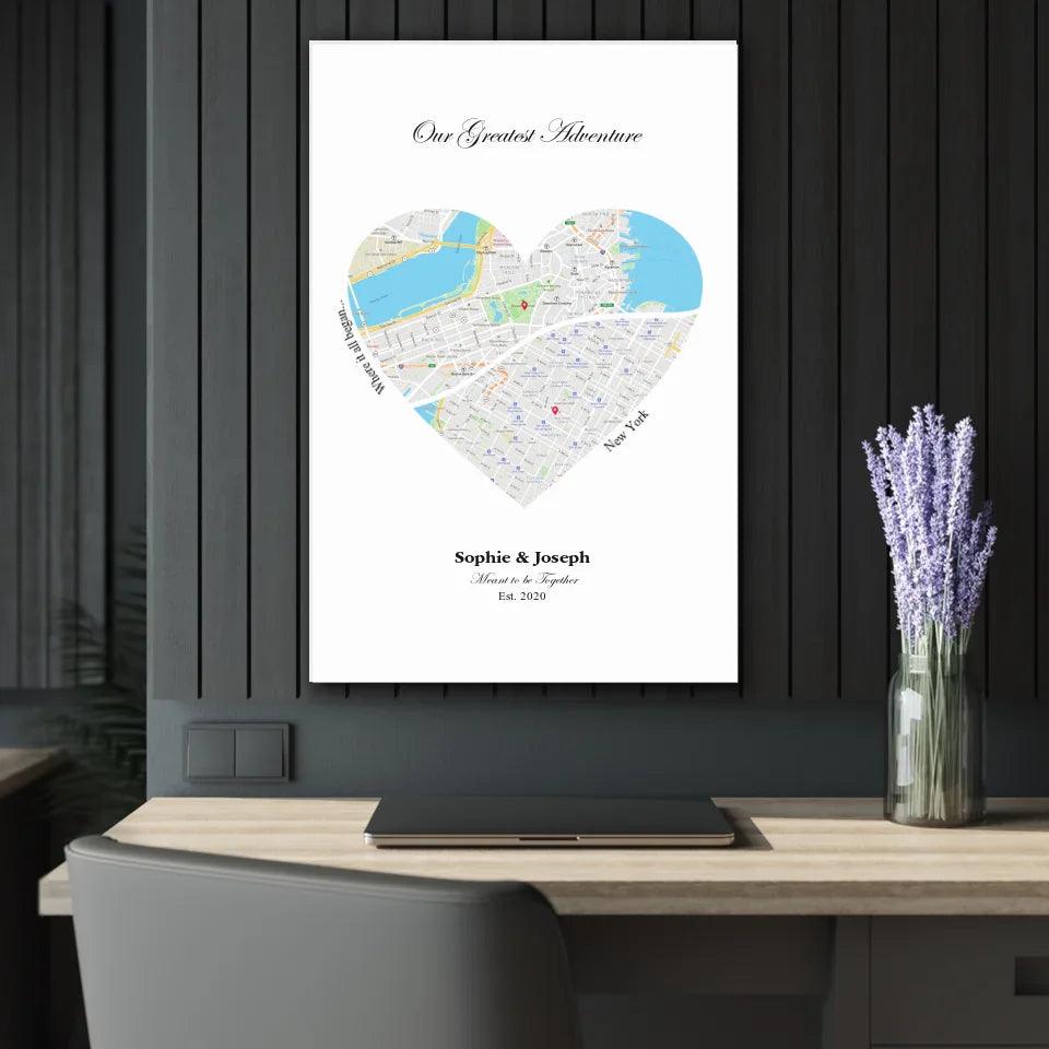 Custom Wall Art - Heart Shaped Dual Location Map - ARTFULANE
