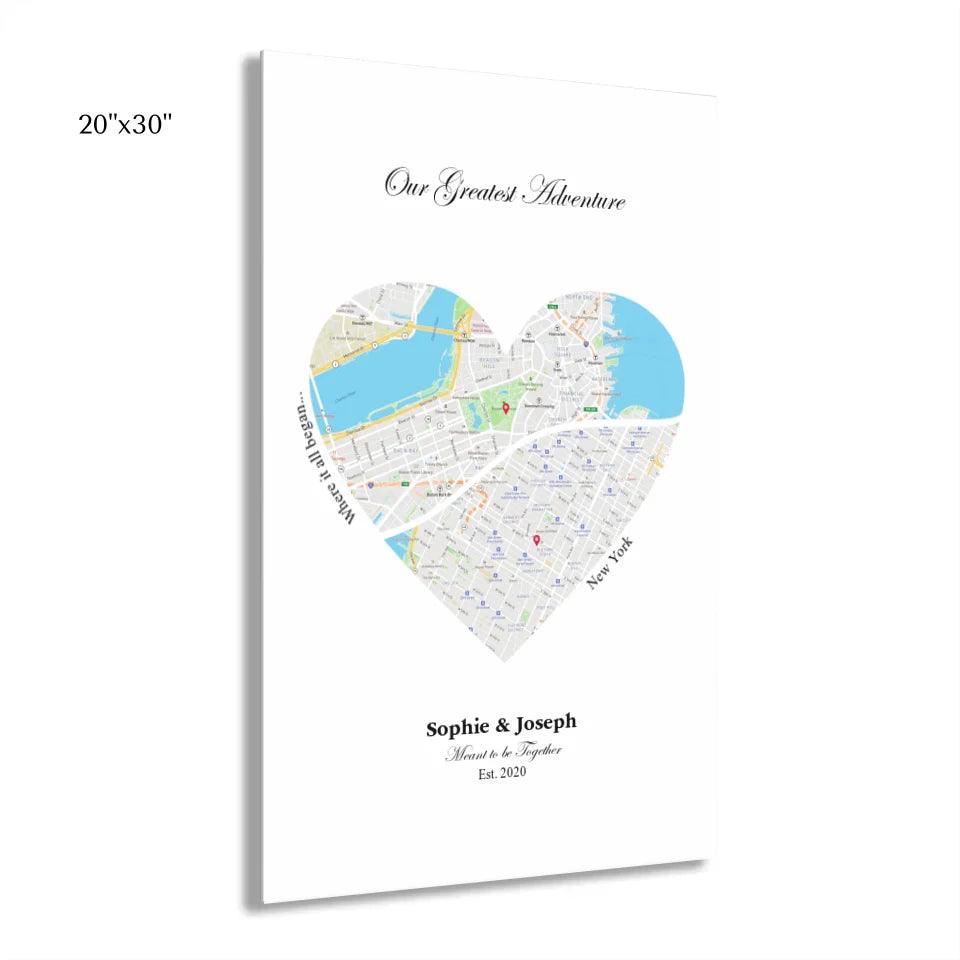 Custom Wall Art - Heart Shaped Dual Location Map - ARTFULANE